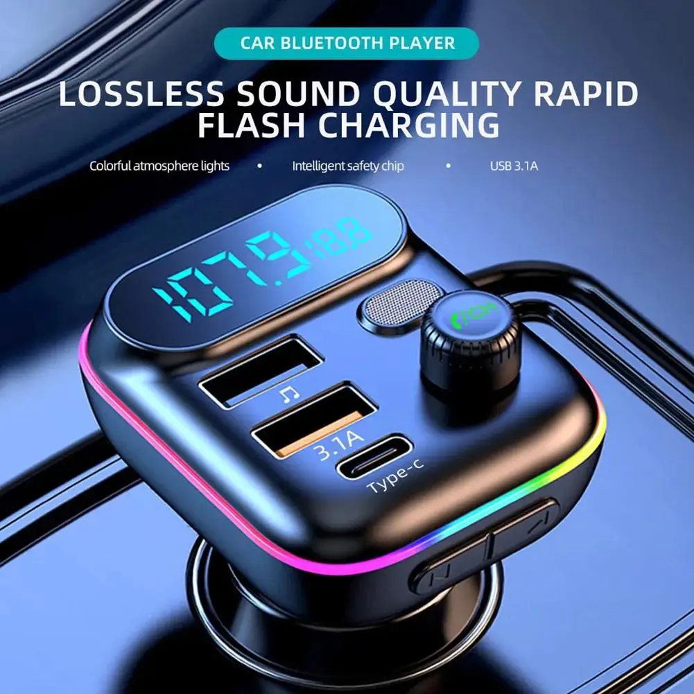 

2023 Car Bluetooth 5.0 FM Transmitter QC3.0 PD Type Player fast C 18W charge Ambient Charger Handsfree Mp3 USB light Car Du F5R6