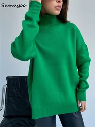 Sumuyoo damski sweter z golfem szykowna, jesienna zima gruby ciepły sweter Top Oversized Casual luźny, dzianinowy sweter żeński Pull