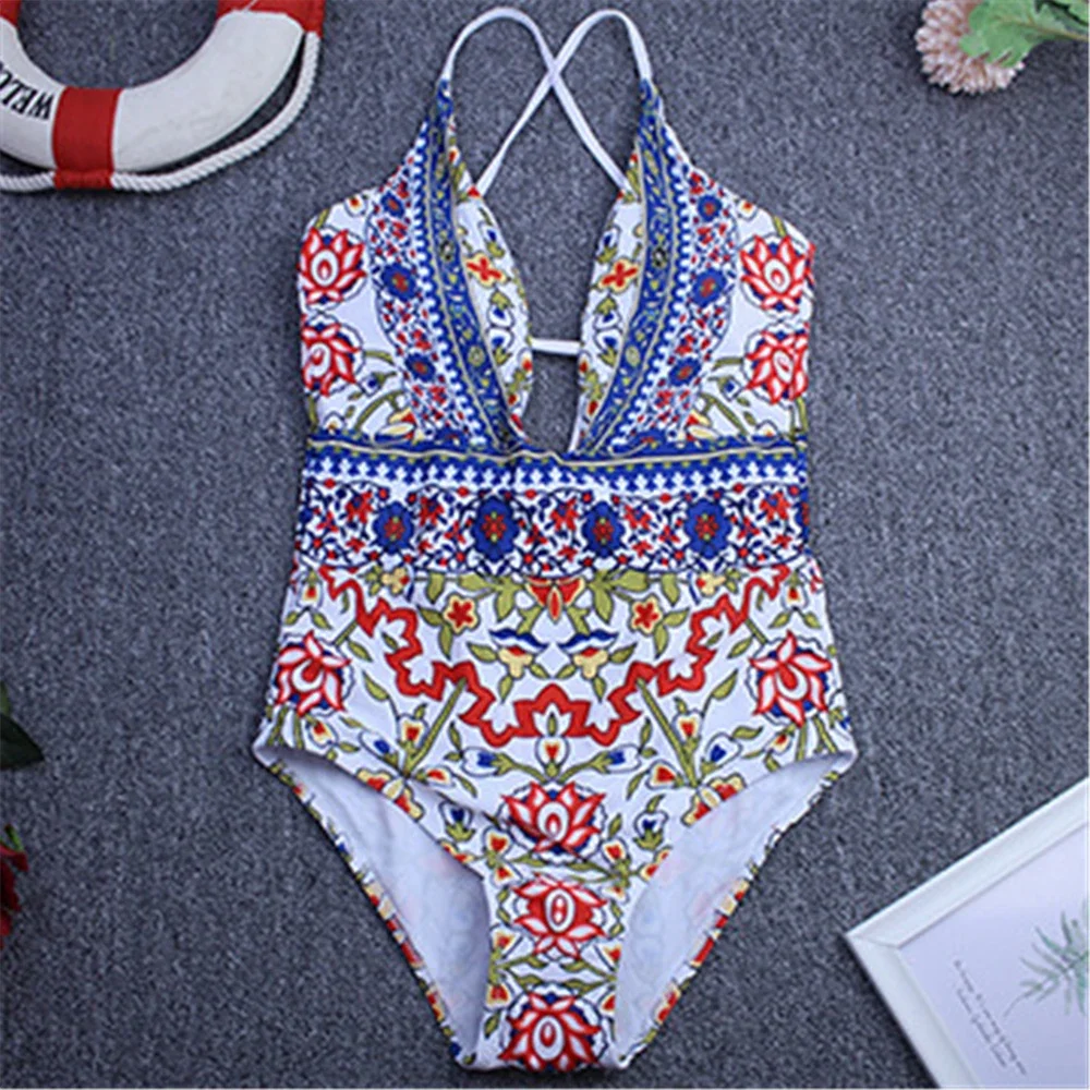 Womens One Piece Swimsuit Floral Printing Straps Sexy Backless Swimwear Ladies Padded Swimming Bathing Suit Backless Beachwear