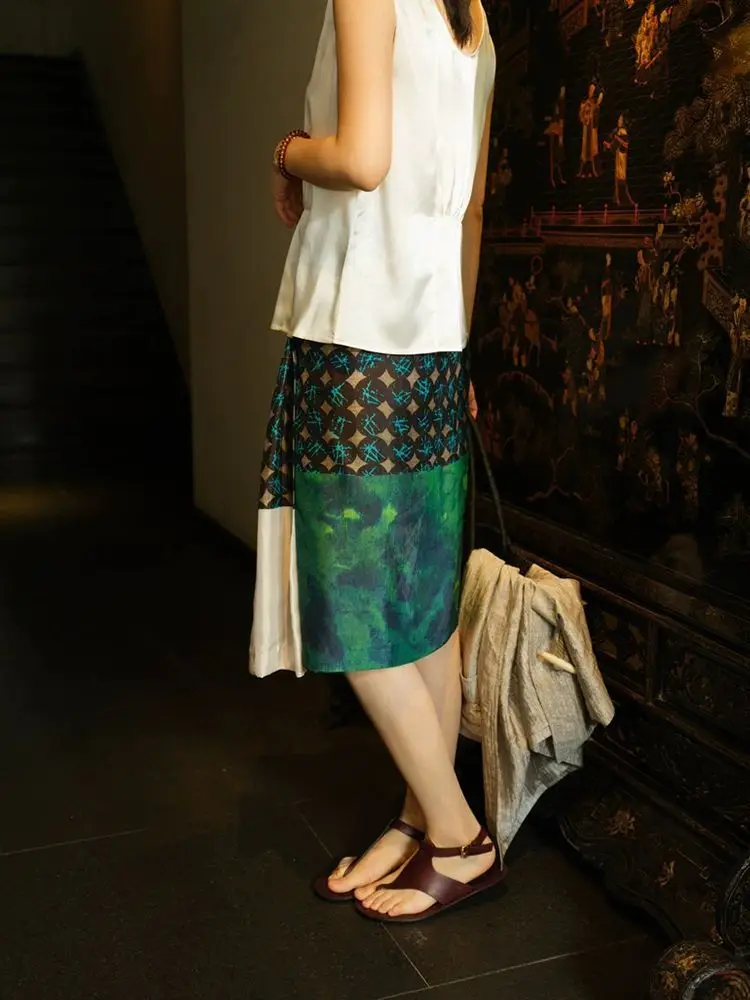 Artistic Patchwork Midi Skirt Women's Abstract Print Asymmetrical Hem A-Line Skirt Aesthetic Elegant Office Lady Knee Length Y2K