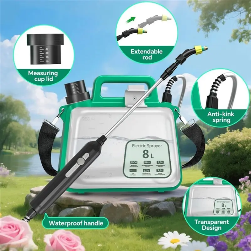 M11K-Battery Powered Garden Sprayer 2 Gallon, Electric Sprayer With USB Rechargeable Handle, 3 Mist Nozzles, Retractable Wand