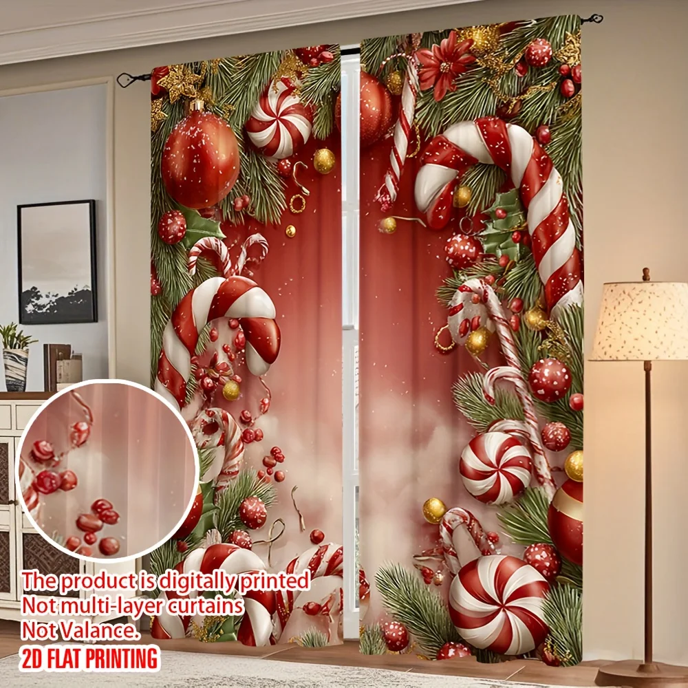 2pcs Candy Cane Print Semi-Sheer Curtains, Red White with Golden Dots Pine Branches Design,for Living Room Bedroom Winter Decor