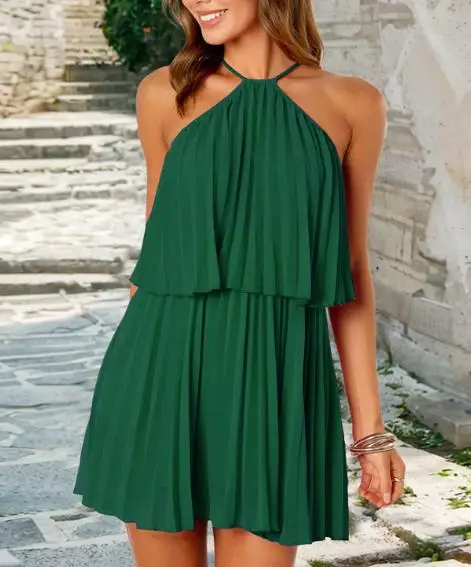 Feminino sexy camisola dupla camada vestido plissado 2025 verão novo estilo praia feminino doce moda babados vestidos de linha a