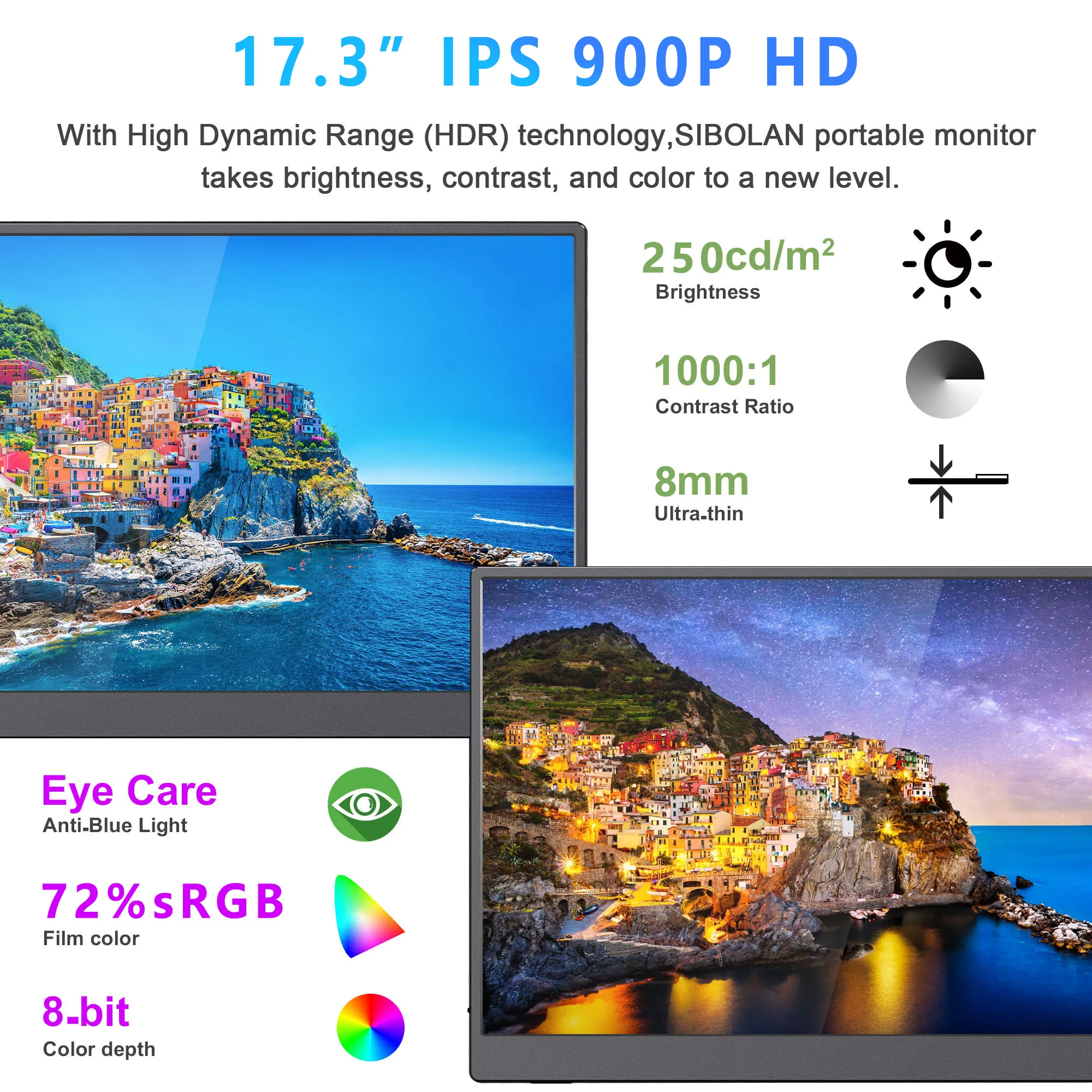 17.3 Inch IPS Portable Monitor 1600*900P HD 72%sRGB Lightweight External Extension Screen for Laptop Phone Switch Desktop Game