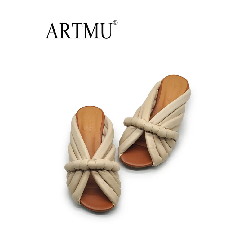 Women's 2026 New Summer Genuine Leather Flat Slide Sandals Open Toe Leather Mules with Unique Knotted Strap for Outdoor Wear