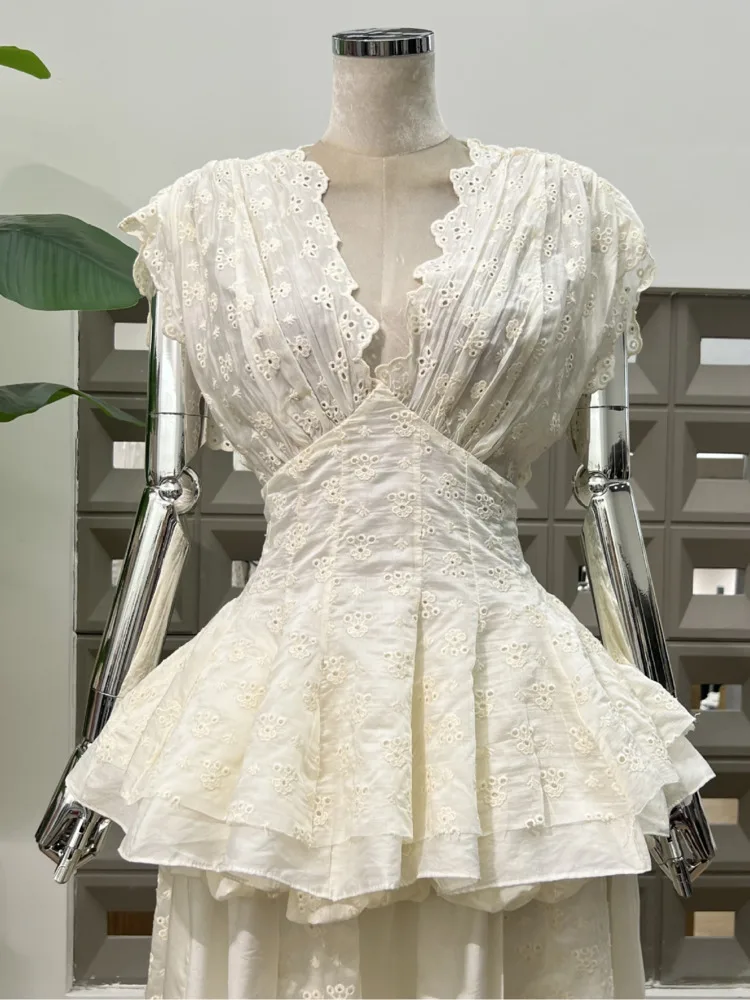 DFDG Donna 2025 Primavera Estate Designer Bohemian Ricamo Lace-up Crop Top Bubble Maxi Gonna Set da due pezzi