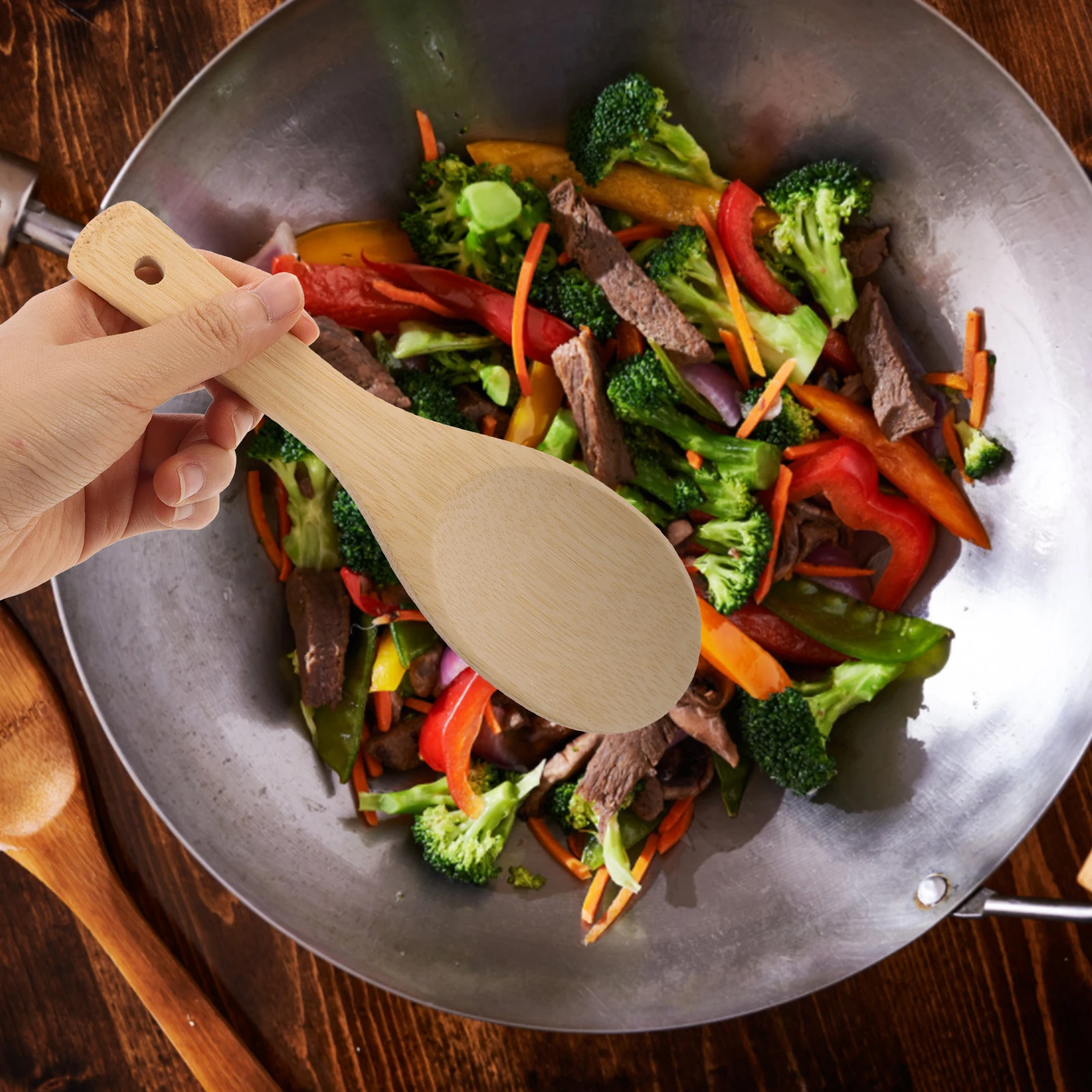 

2Pcs Bamboo Rice Scoop Paddle Non-Stick Wear-Resistant Kitchen Utensil Hanging Handle Rice Spoon Soup Porridge Ladle