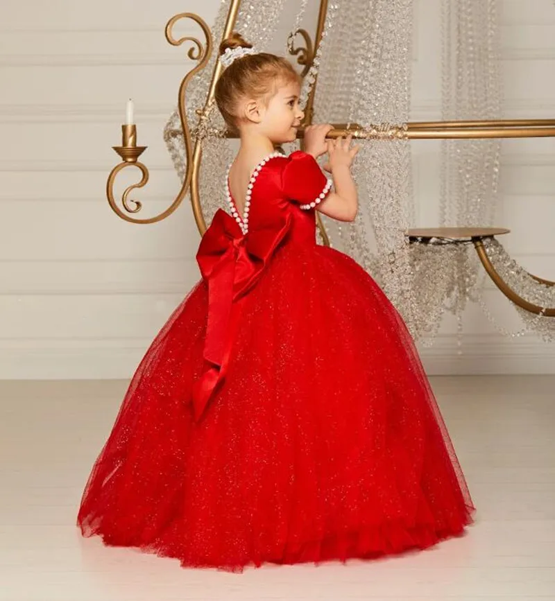 

Red Flower Girl Dress Glitter Tulle Short Sleeve O Neck Princess Birthday Dress with Big Bow Girls First Communion Dress 1-14T