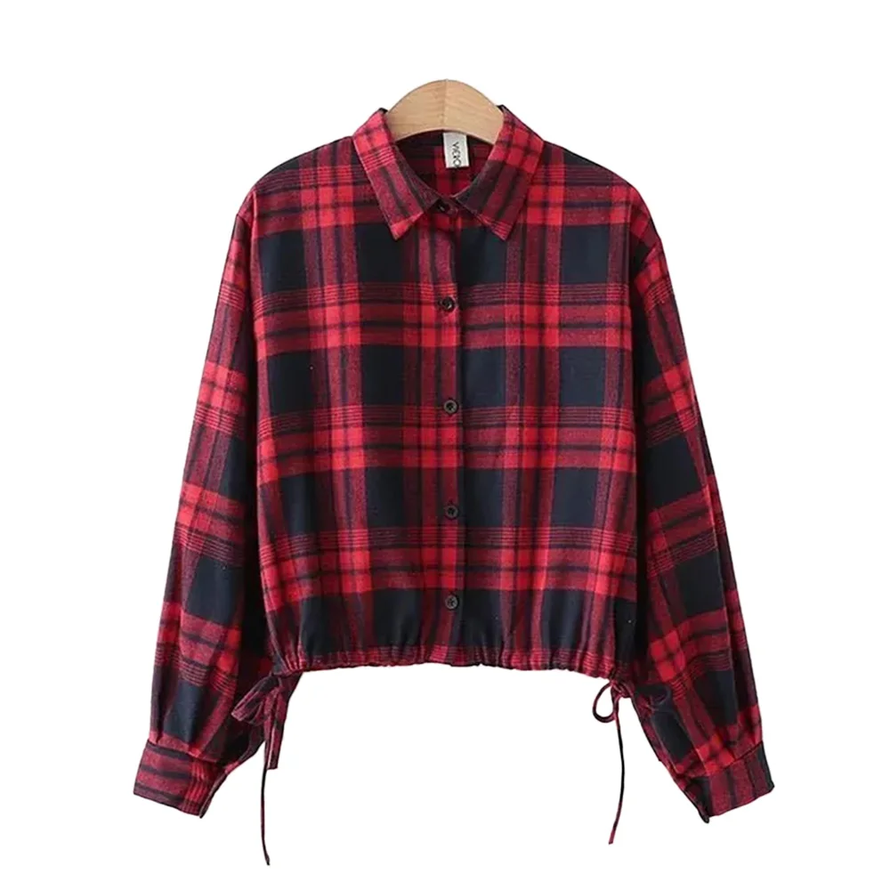 Red Plaid Vintage Short Polo-Neck Long Sleeve Single Breasted Women\'s Blouse Shirt Korean Fashion Female Clothing Tops Autumn