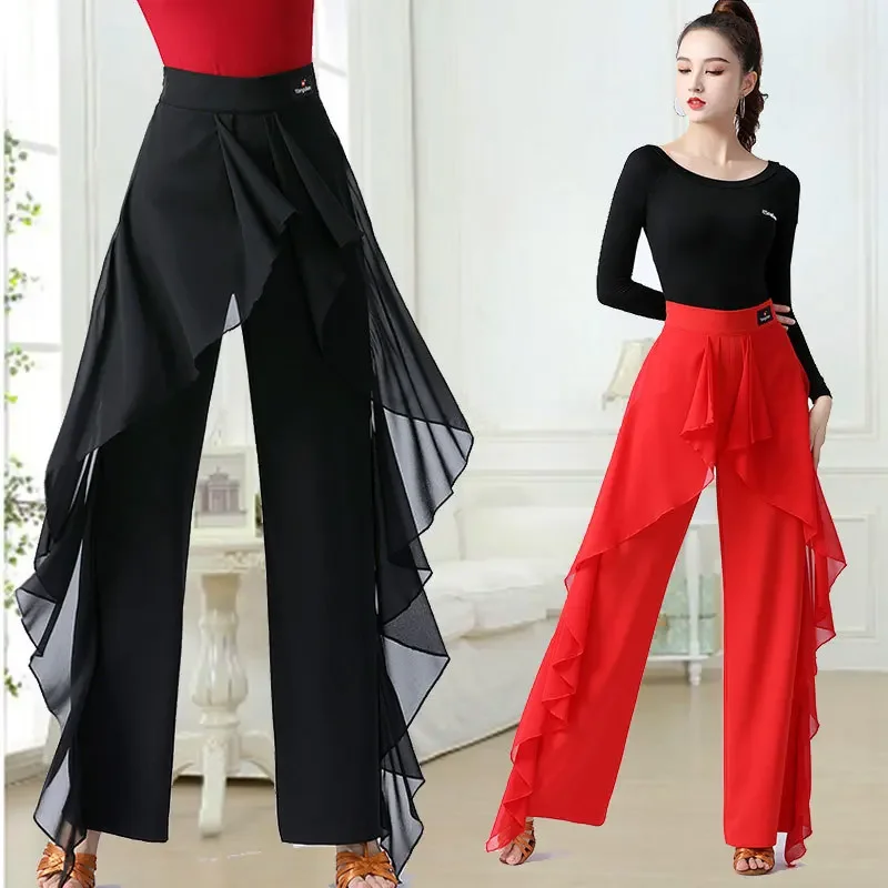 Calça Feminina Moderna de Dança Latina, Cintura Alta, Perna Larga, Roupa de Jitba, Roupa de Salão