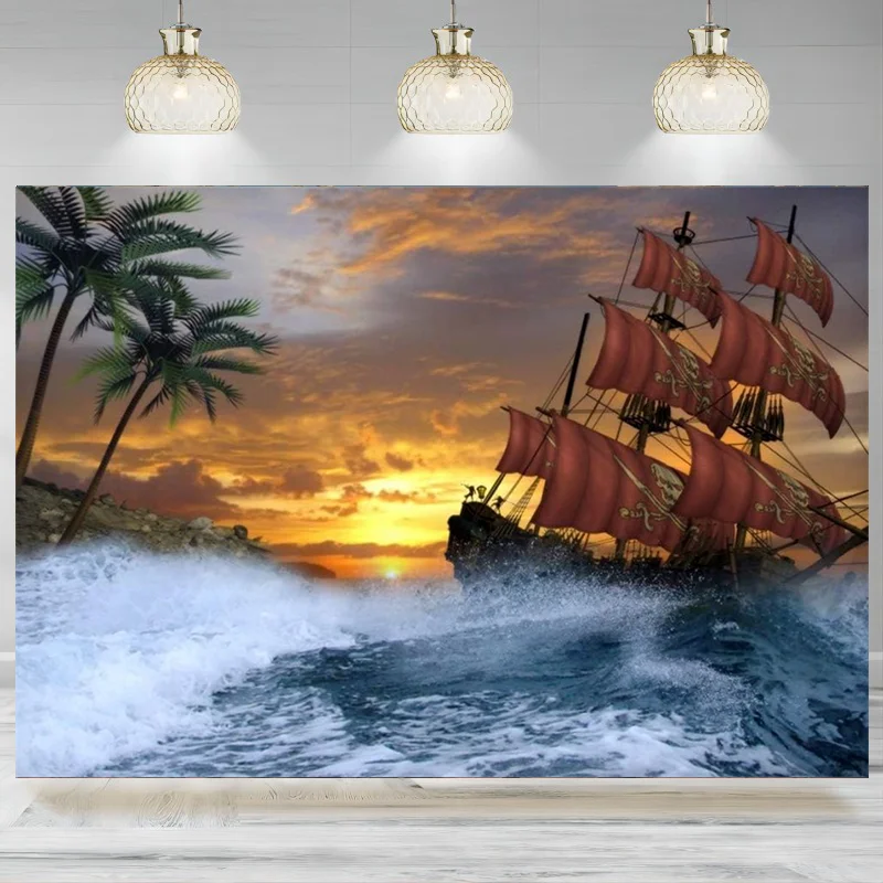 Vintage Corsair Backdrop Sunshine Mystic Sea Adventure Pirate Ship Waves Island Treasure Hunt Photography Background Banner Pr