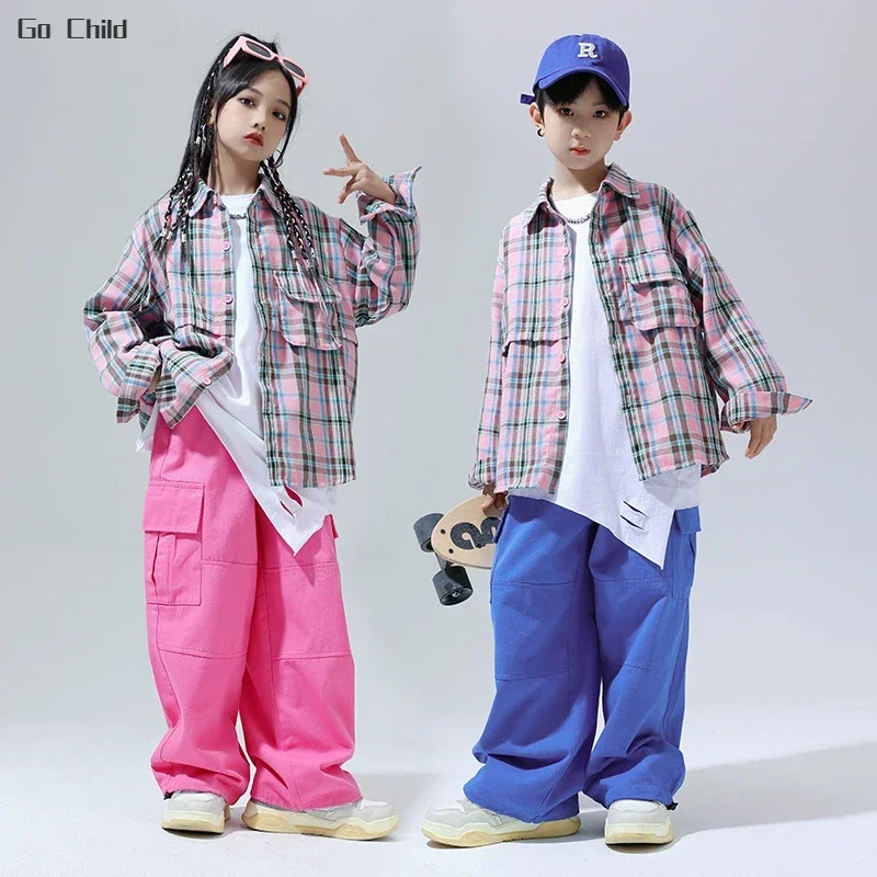 

Boys Hip Hop Plaid Shirt Street Dance Joggers Girls Fashion Blouse Cargo Pants Children Streetwear Kid Teens Jazz Clothes Sets