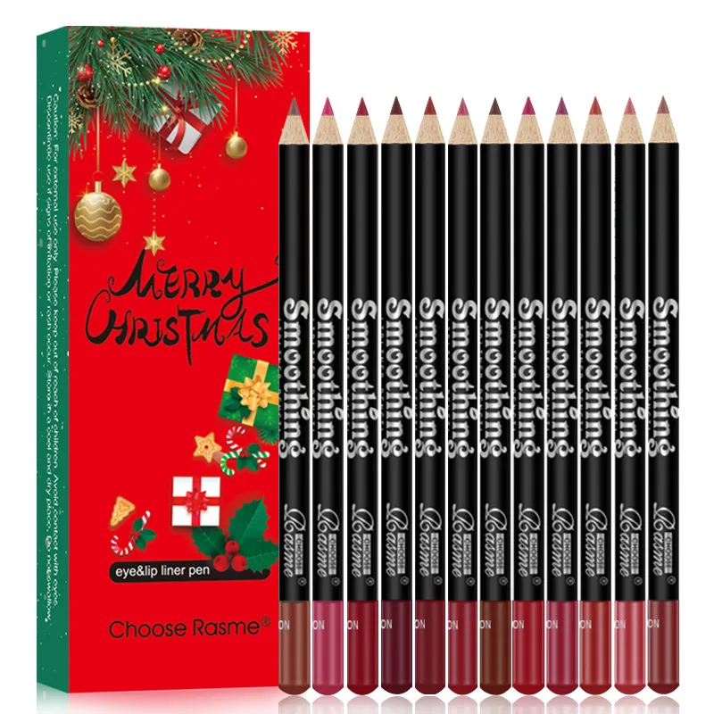 12-Color Christmas Lip Liner Set Waterproof and Long-lasting Non-stick Cup Matte Hook Lipstick Pen Set Makeup Matte Lipstick