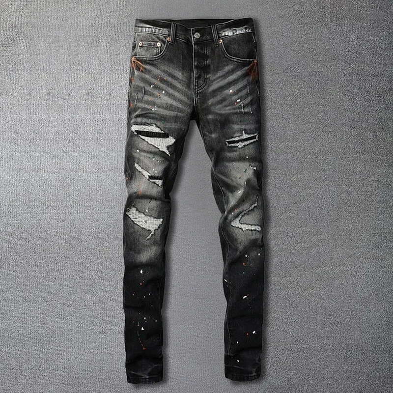 

American Men High Street Hole Patch Jeans Hip Hop Ripped Jean Streetwear High Quality Casual Skinny Trouser Men Denim Pants