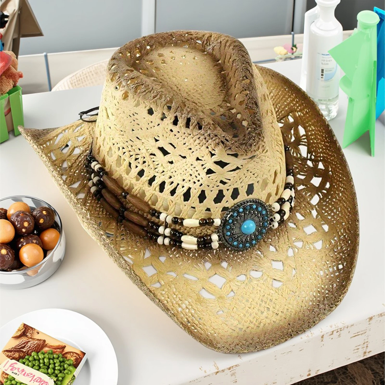 

Fashion Women Cowgirl Hat with Rhinestone Tassel Wide Brim Cowgirl Hat Lightweight Western Party Hat
