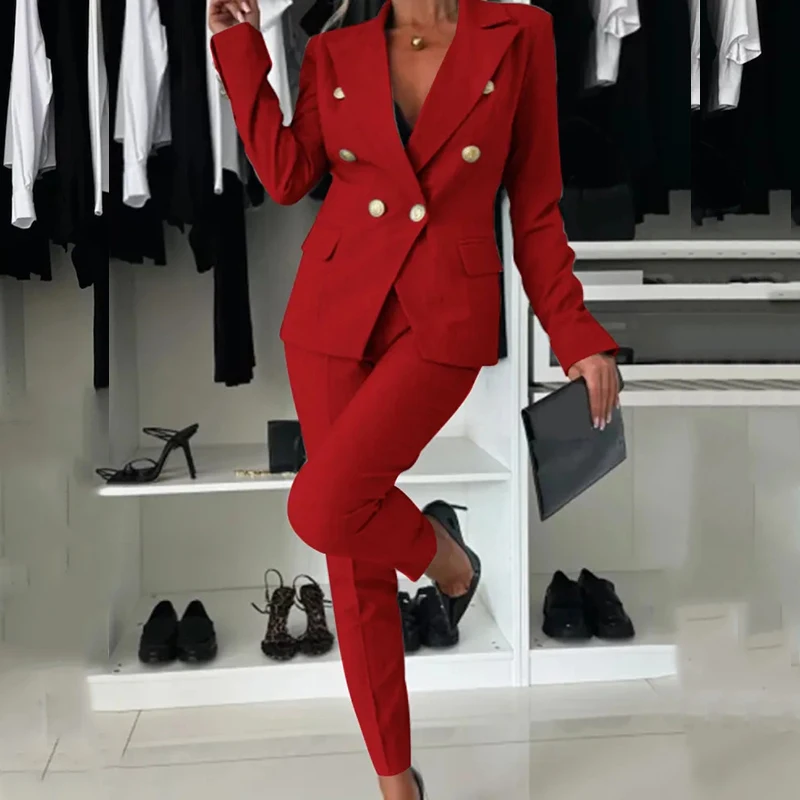 Autumn Fashion Button Commute Two Piece Sets Sexy V Neck Long Sleeve Tops+Pocket Pants Suit Elegant Solid Office Formal Outfits