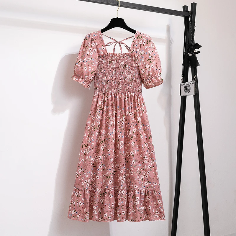 A Line Chiffon Short Sleeve Pleated Casual Outfit for Women - Lotus Floral Print