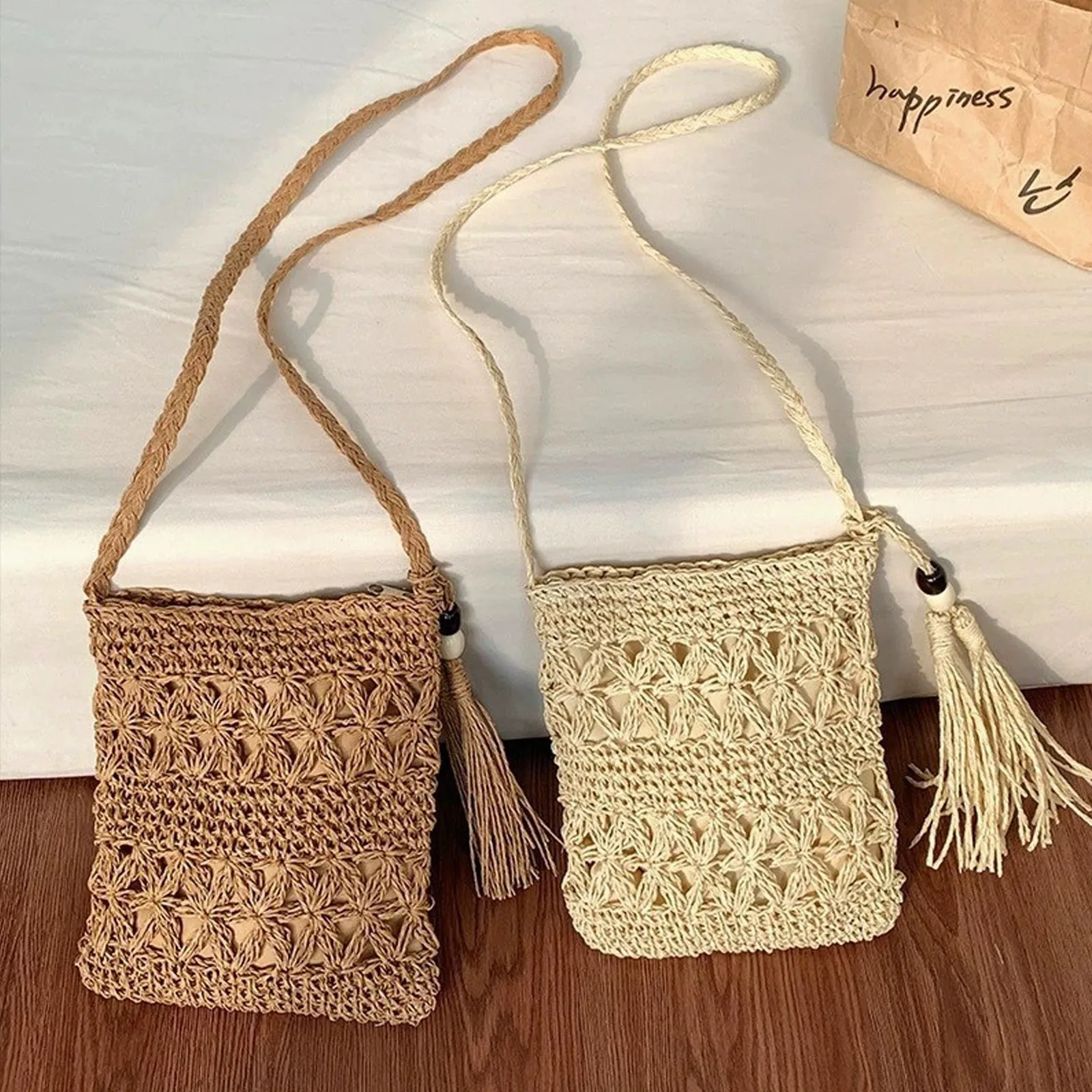 

New Small Straw Bags for Women Summer Beach Rattan Bag Shoulder Bag Handmade Woven Crossbody Handbags Bohemia With Tassels