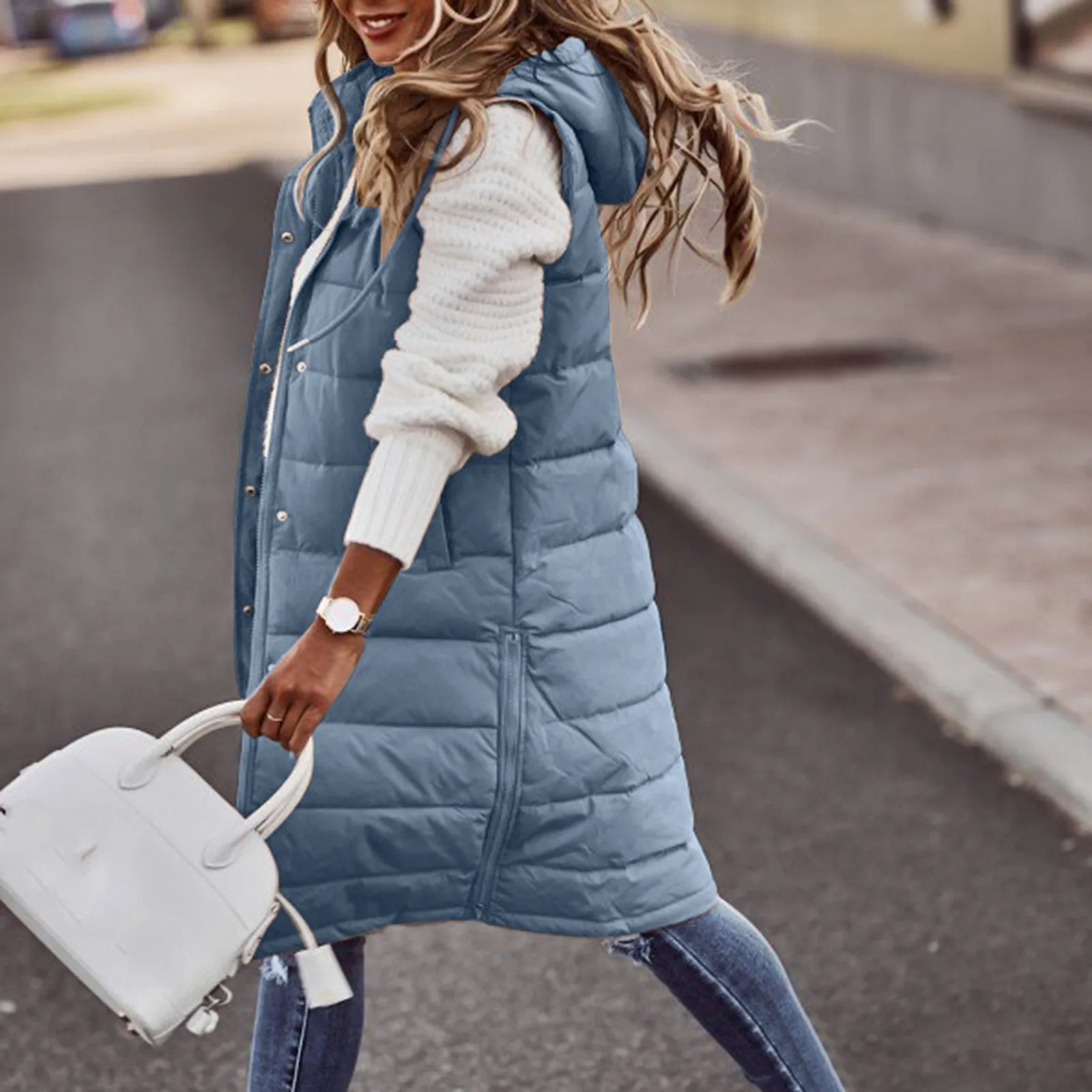 Winter Women's Long Quilted Jacket With Hood Outdoor Sleeveless Down Vest Winter Warm Quilted Coat With Pockets Thermal Parka