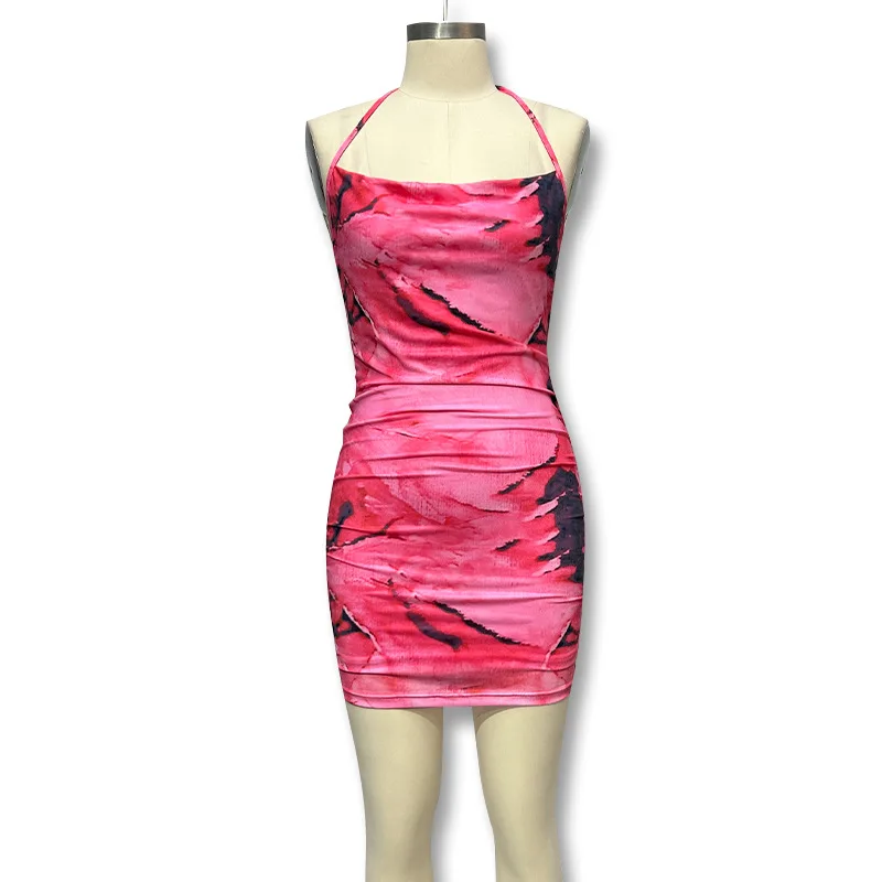 2025Europäischer und amerikanischer Stil mit bedrucktem Träger, figurbetontem Neckholder und rückenfreiem Kleid für Damen