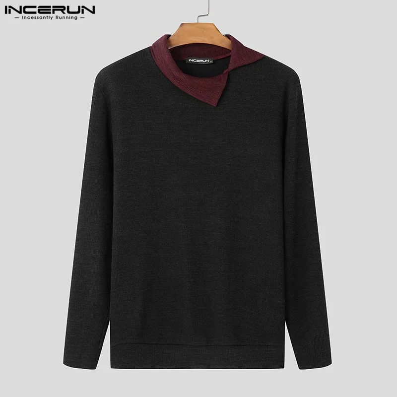 INCERUN 2024 Heren Tops Modieuze Gebreide Contrast Kleur Truien Casual Mannelijke Hot Koop Onregelmatige Kraag Lange Mouwen Truien