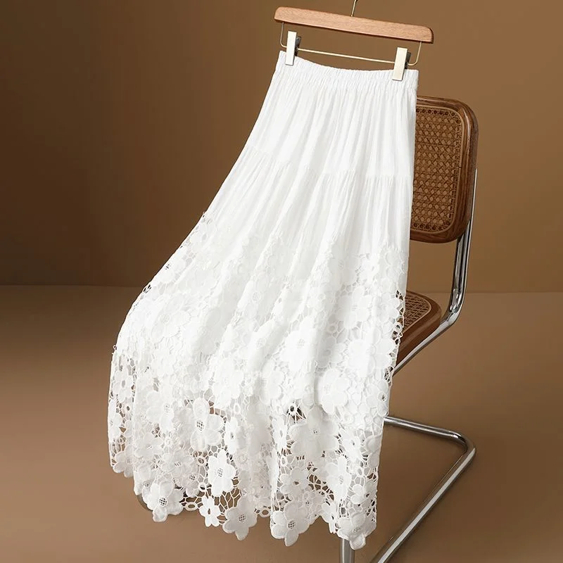 Jupe mi-longue en dentelle ajourée, Vintage, assortie avec tout, jupe longue de tempérament de couleur unie brodée et épissée, taille haute, été