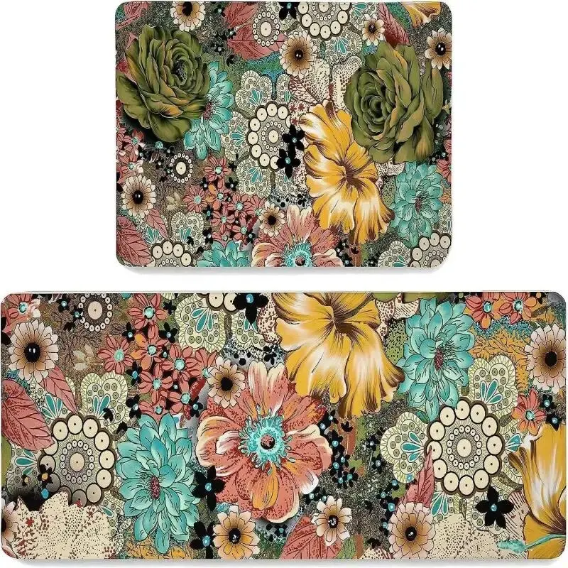 Bohemian Retro Style Colorful Flowers Kitchen Non-slip Waterproof Cushion Anti-fatigue Crystal Velvet Doormat