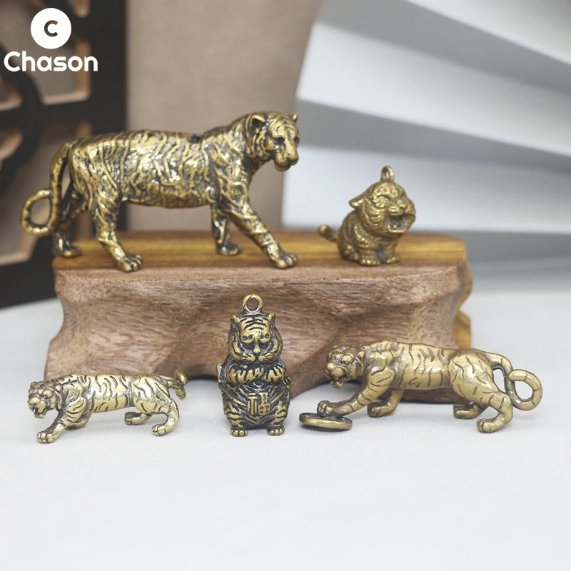 Brass Copper Tiger Figurine Animal Statue Miniature Figurines Key Chain Pendants Home Car Decor Decoration Ornaments Gifts