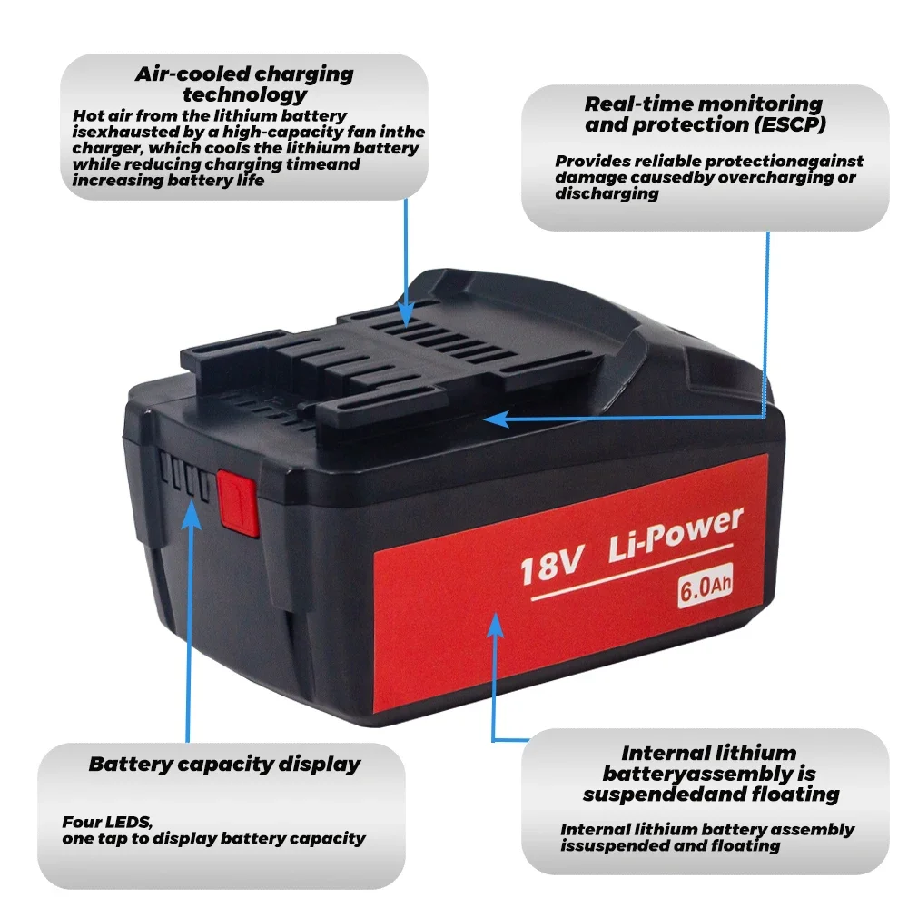 New Rechargeable 18V 6.0Ah Battery for Metabo Cordless Power Tool Replace for Metabo 18V 625592000 625591000 Backup Batteries