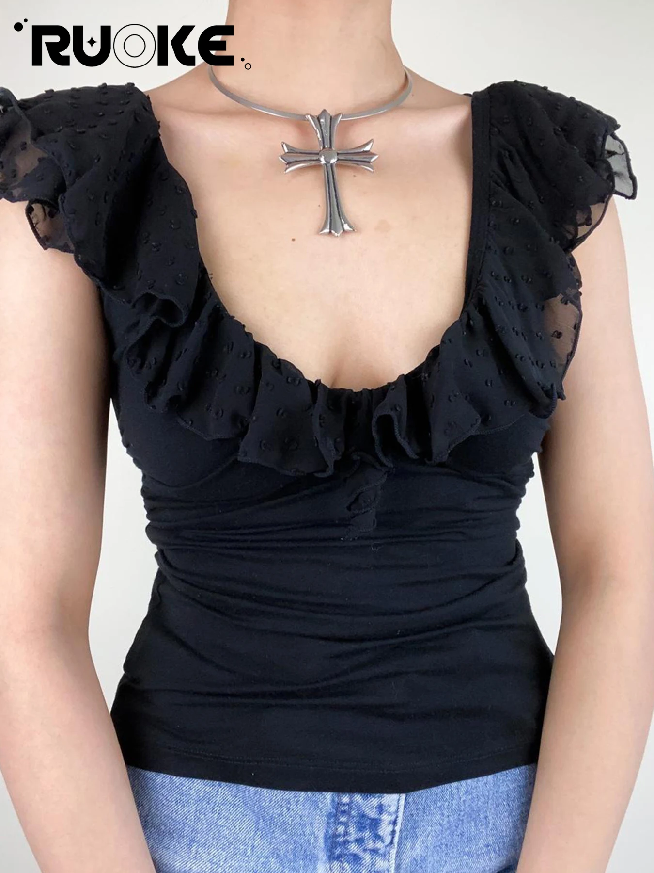 

[RUOKE] Y2K Lace Ruffle V-neck Slim Fit Tops Women Sweet Sexy Casual Daily Party T-shirts Spring Summer Outfit Gothic Streetwear