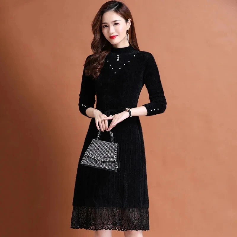 Women Knit Sweater Pullover 2022New Imitation Mink Dress Half Turtleneck Sweater Jumper Lace Splicing Midi Dress Female Vestidos