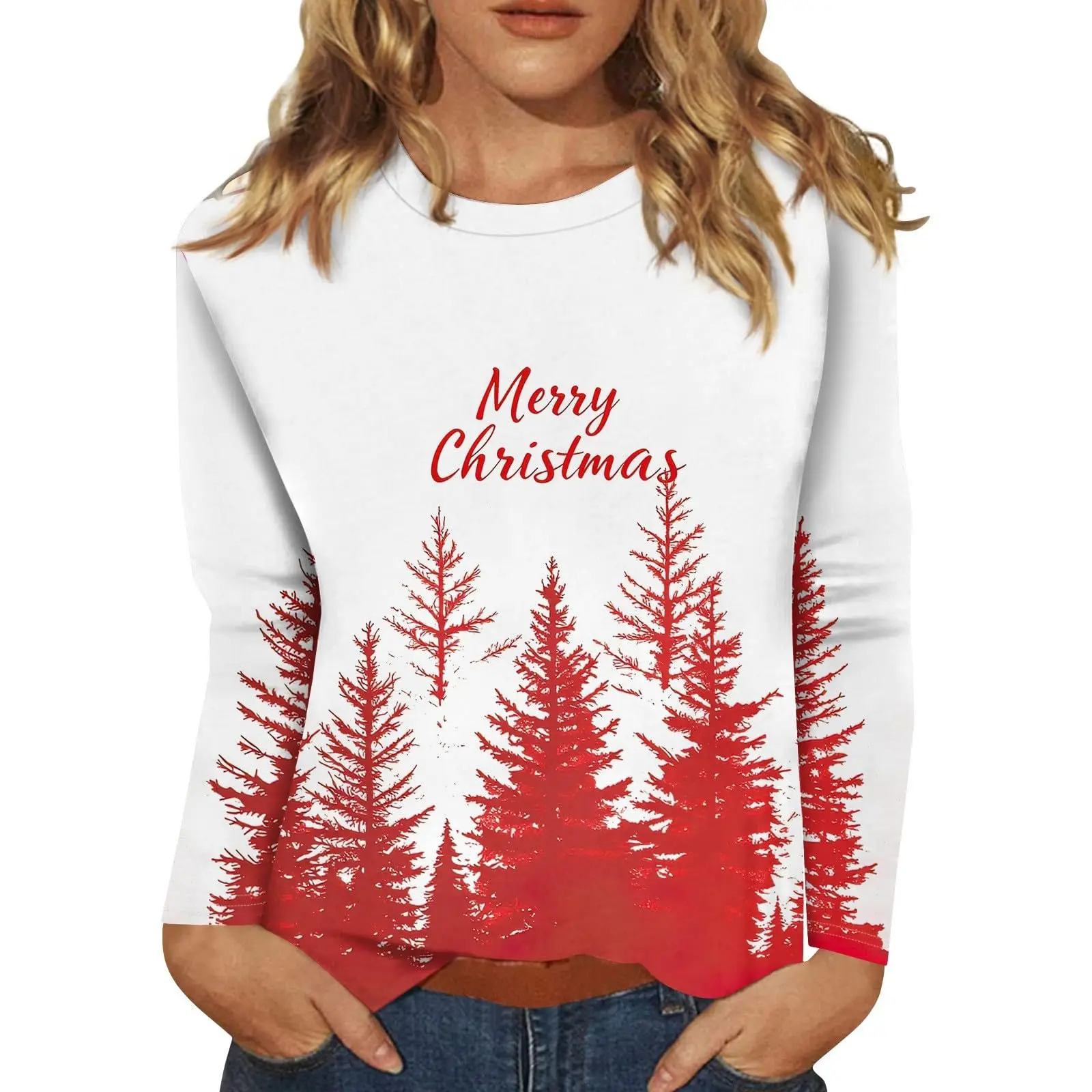 Women\'s Sweatshirt Designer Christmas Tree Round Neck Long Sleeve Loose Fashion Casual Christmas Fun Pattern Print Top