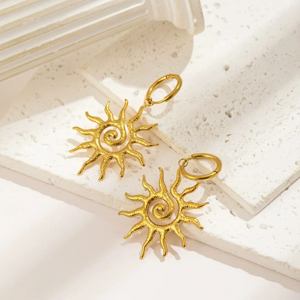 Fashion Vintage Chic Sun Shaped Pendant Necklace Stainless Steel Earrings Statement Golden Fashion Jewlery Accessories Gift image 6