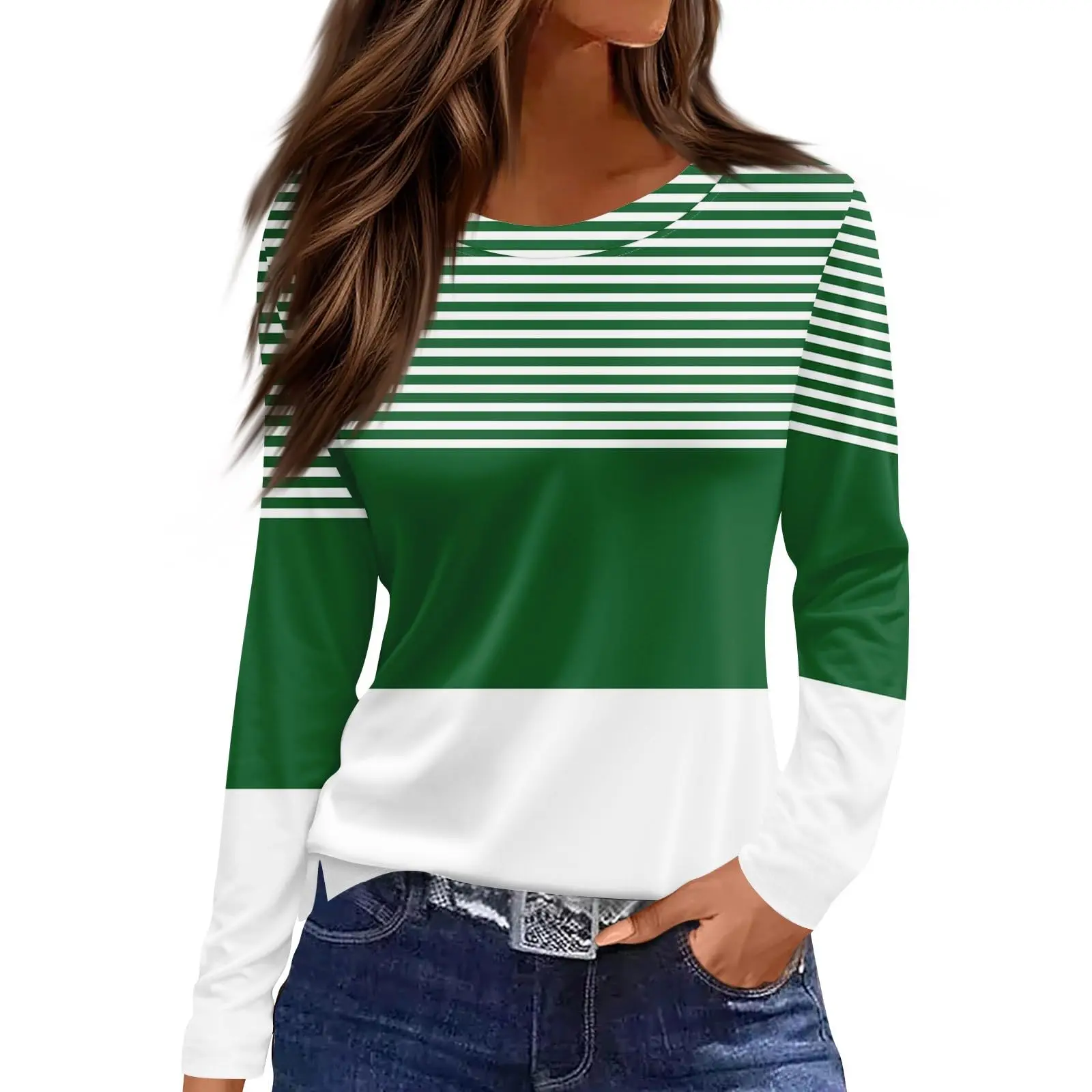 

Women's 3D Gradient Stripes Solid Color Printed T-Shirt Fashion Long Sleeves Crew Neck Regular Top Holiday Weekend Spring Autumn