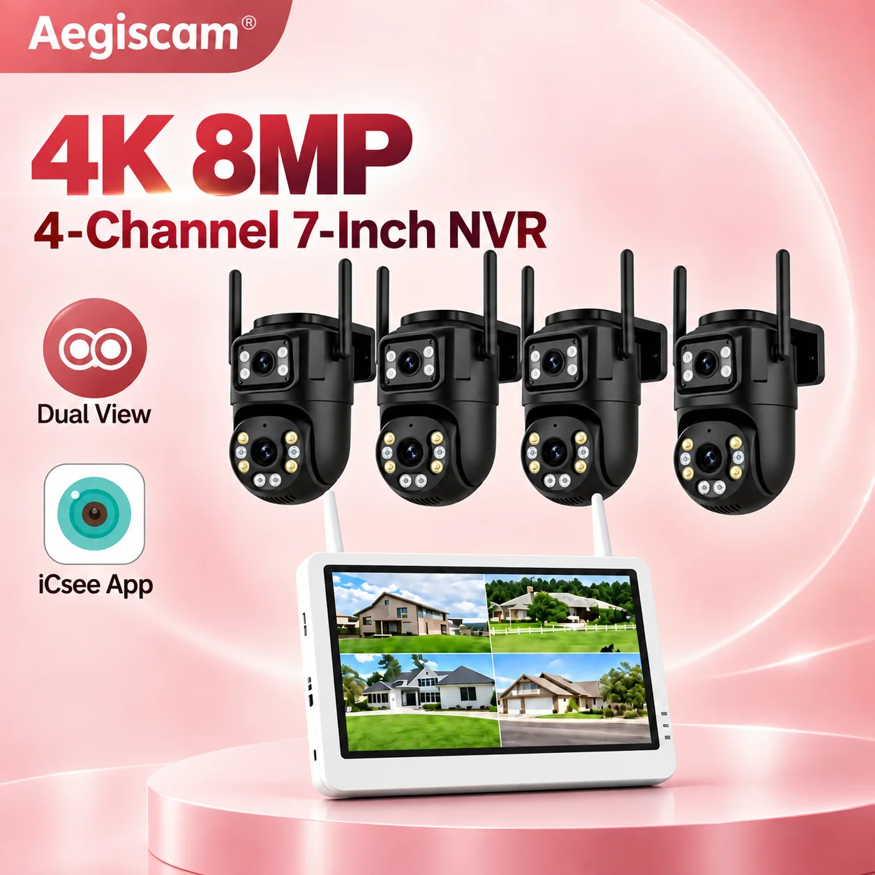 8MP Dual Lens 7-Inch LCD Screen 4CH NVR  Video Wireless  WIFI Camera  Recorder Home Auto Track Security Camera System Surveillan