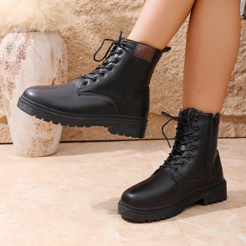 أحذية عمل كلاسيكية مكتنزة للنساء، أحذية كاحل جلدية ناعمة برباط أسود، أحذية لراكبي الدراجات النارية متعددة الاستخدامات لخريف وشتاء تطول الساقين #1