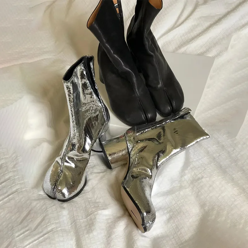 

Роскошные ботильоны таби с разделенным носком, женские кожаные дизайнерские короткие ботинки на массивном высоком каблуке, весенне-осенняя обувь