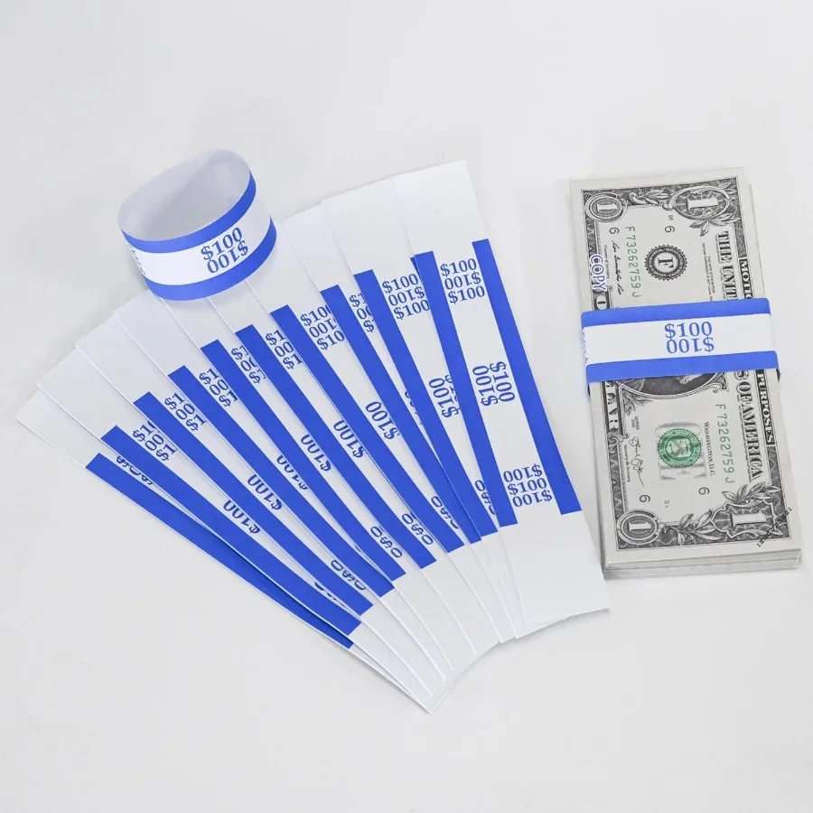 สายรัดธนบัตร แถบพันธนบัตร สำหรับจัดระเบียบธนบัตร ABA สีต่างๆ แบบมีกาวในตัว ขนาด 7.5 x 1.15 นิ้ว สีฟ้า 100 ชิ้น