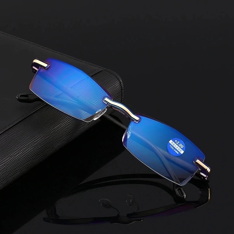 Ultraleichte rahmenlose Herren-Lesebrille, hochauflösende Presbyopie-Brille mit Anti-Blaulicht, 0 bis 4,0 Dioptrien-Anpassung