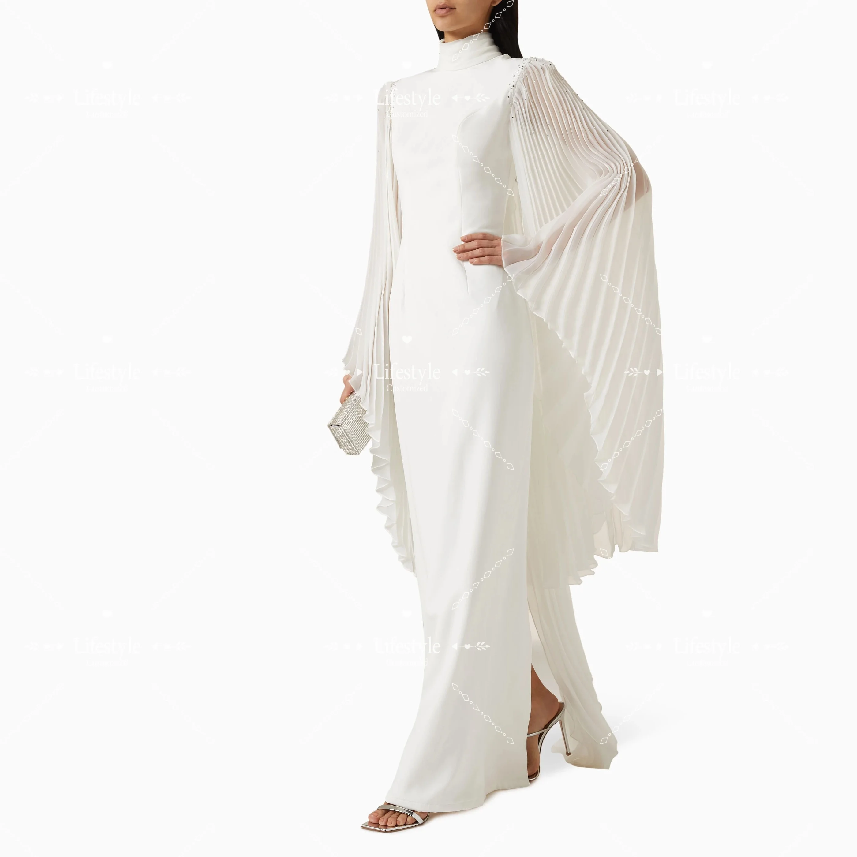 Customized High Neck White Satin Mermaid Formal Evening Dress Pleated Chiffon Cape Sleeves Beads Back Tie Elegant Party Dress