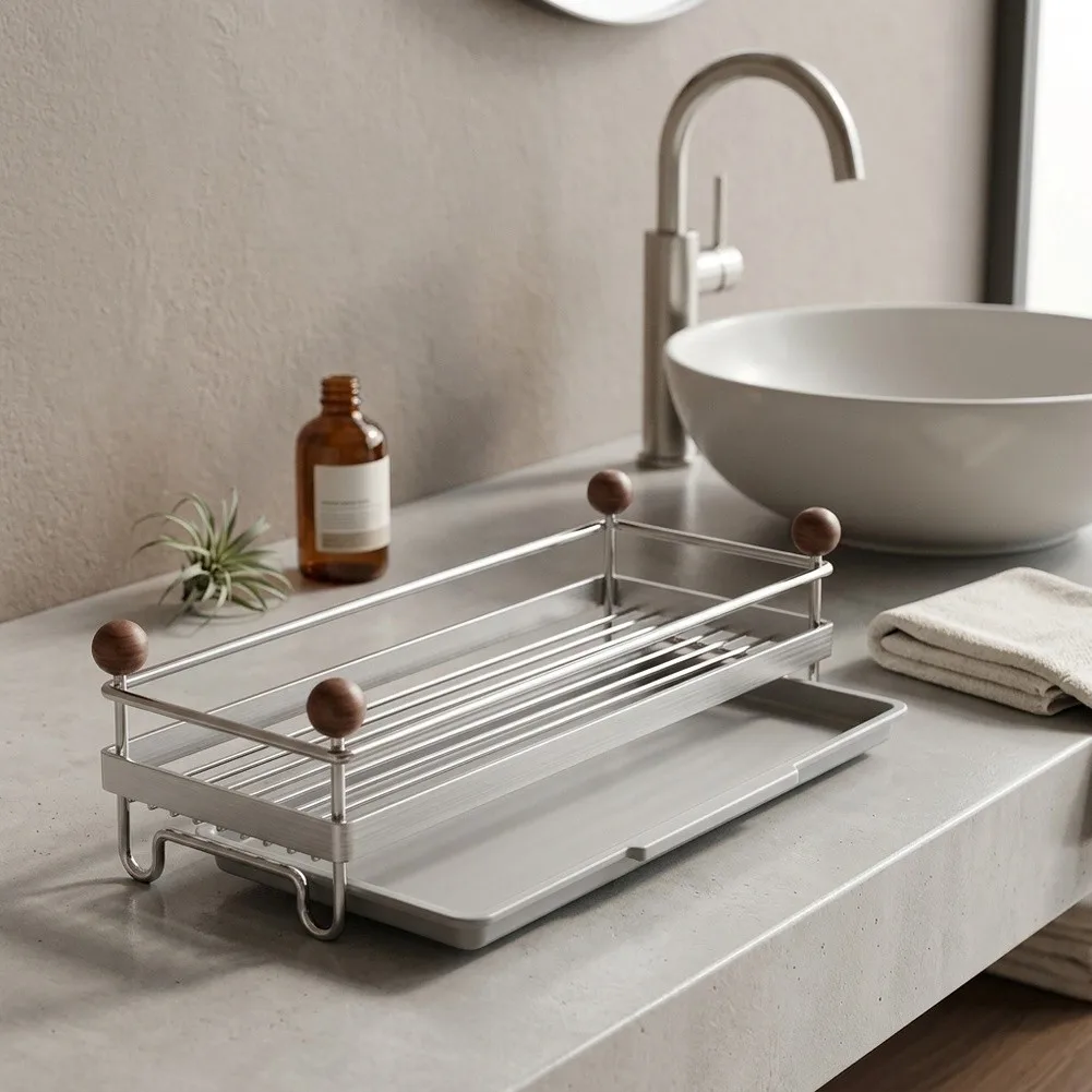 Sink Sponge Holder Made of SUS 304 Stainless Steel with Detachable Drain Tray for Efficient Drying and Space Saving