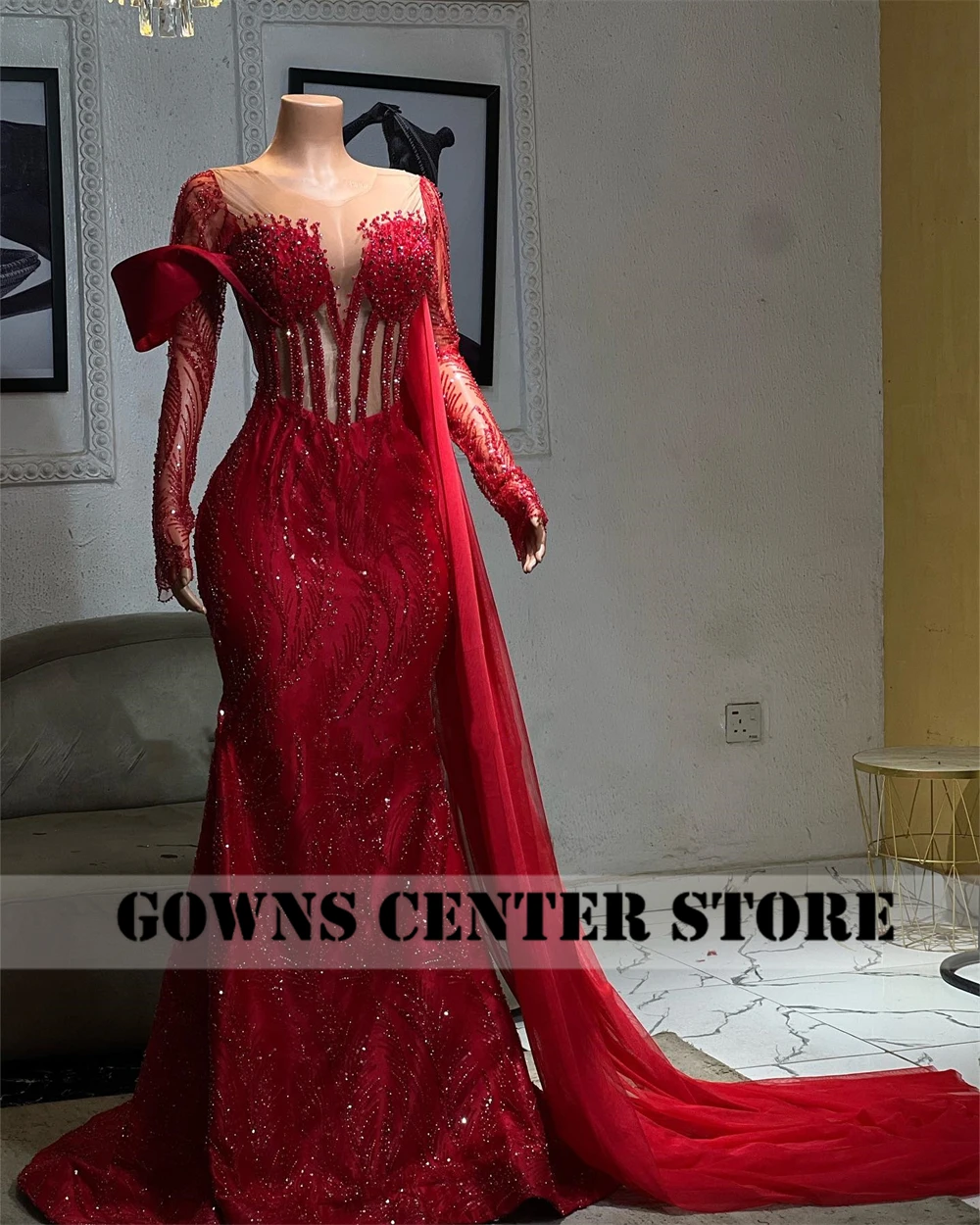 Active Red Beaded Long Sleeve Mermaid Evening Gowns For Elegant Wedding Party See Thru African Crystal Special Customized