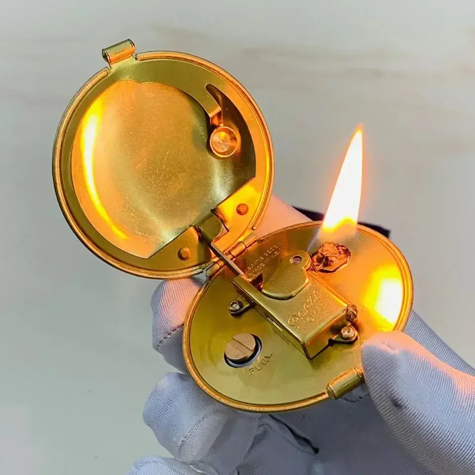 Creative Ladies Powder Box Handmade Brass Kerosene Lighter 1935 Round Semi Automatic Ignition Antique Lighter Collectible Gift