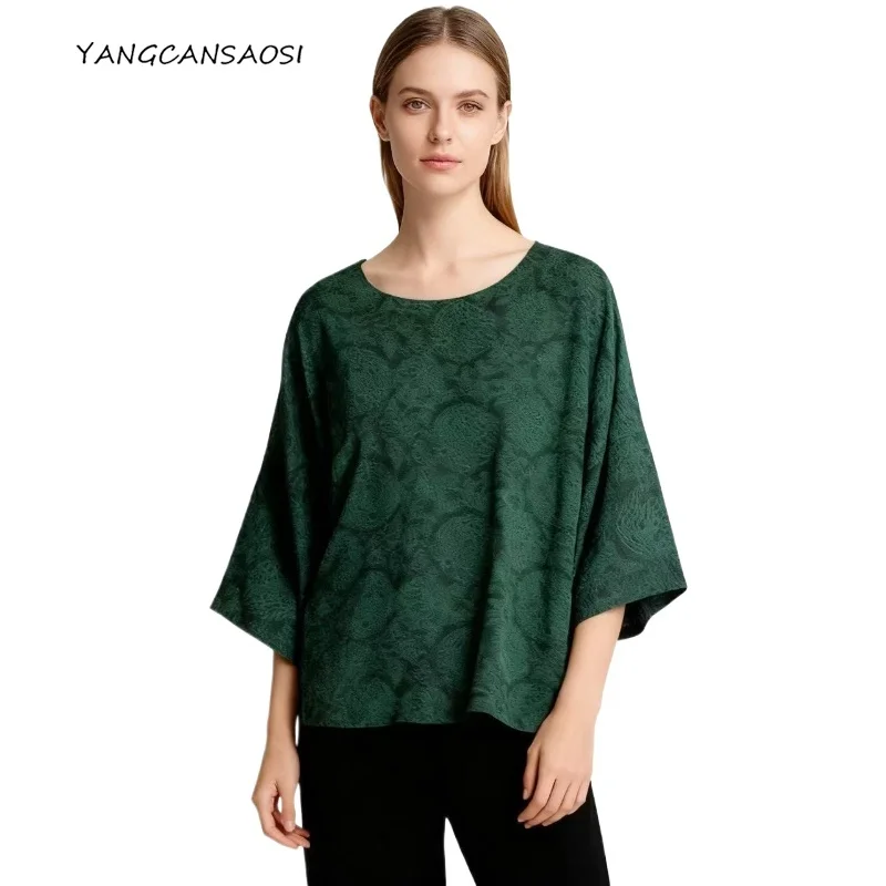 

2025 Women's Casual Clothing Double Sided Retro 100% Natural Mulberry Silk Dark Green Round Neck Three-quarters Sleeve T-shirt