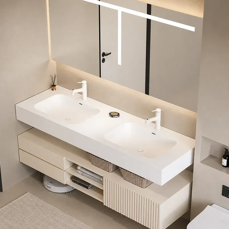 Modern Simple Corian Integrated Bathroom Cabinet Double Basin Washstand Cream Style Hand Washbasin Combination Toilet Vanity