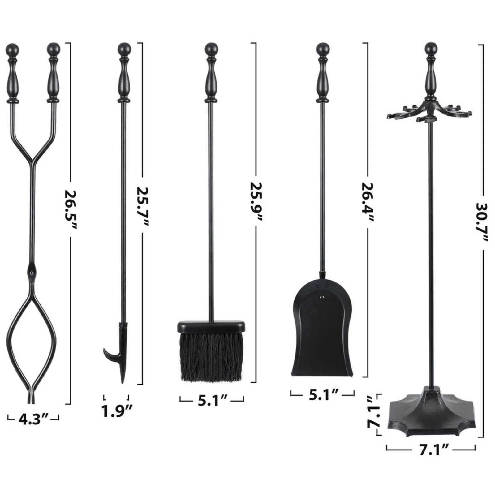 Juego de Herramientas de chimenea de hierro forjado, mango negro de gran resistencia, EE. UU., 5 piezas, 31 pulgadas