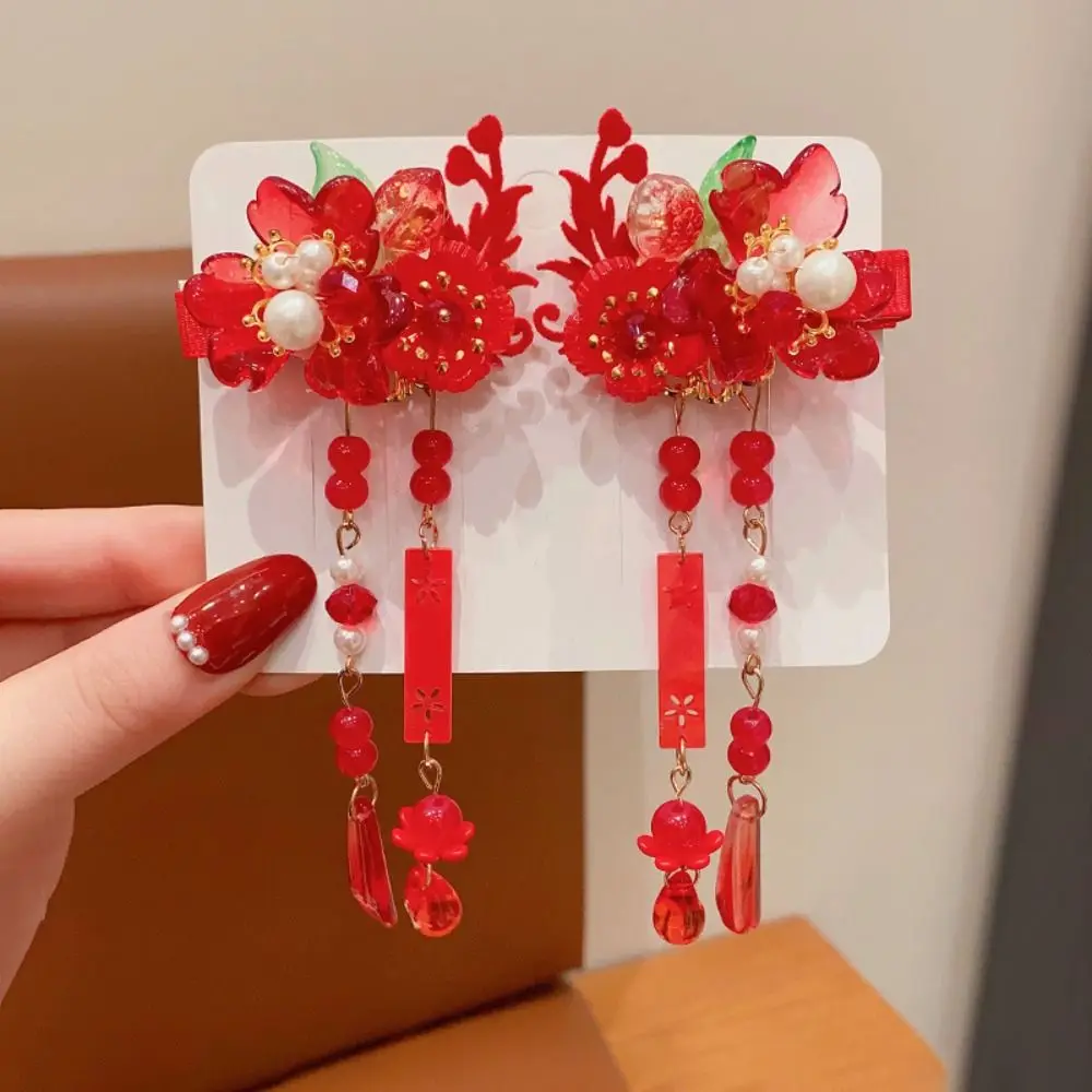 

Tassel Children Red Hairpin Flower Bow Chinese New Year Headwear Girl Hair Accessories Baby Headwear Ancient Style Hairpin