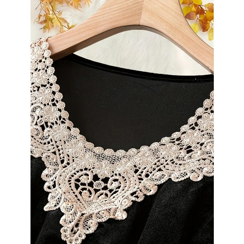 Plus Size New Women Fashionable Contrast Lace Round Neck Blouse Shirt Ladies Casual Solid Color Long Sleeved Shirt