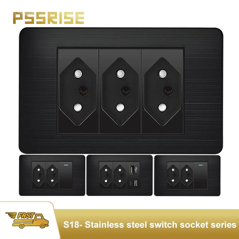 

PSSRISE All Black Stainless Steel Panel Brazil Standard USB 20W Type C Fast Charging Wall Socket Light Switch Computer TEL 20A
