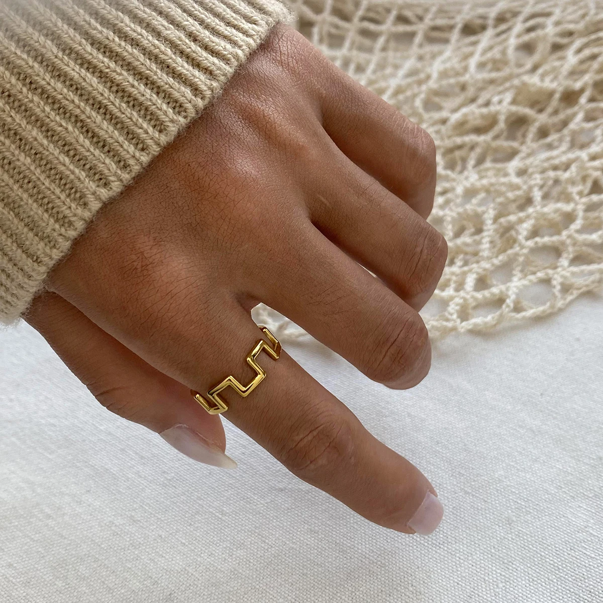 Unisex Minimalist Square Castle Open Adjustable Ring 18K Gold Plated Stainless Steel Simple Jewelry for Women